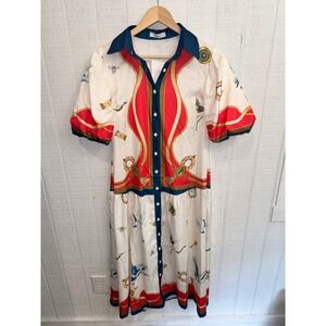Endless Moon Scarf Print Dress Womens Cream Red Blue Nautical Crane Midi S